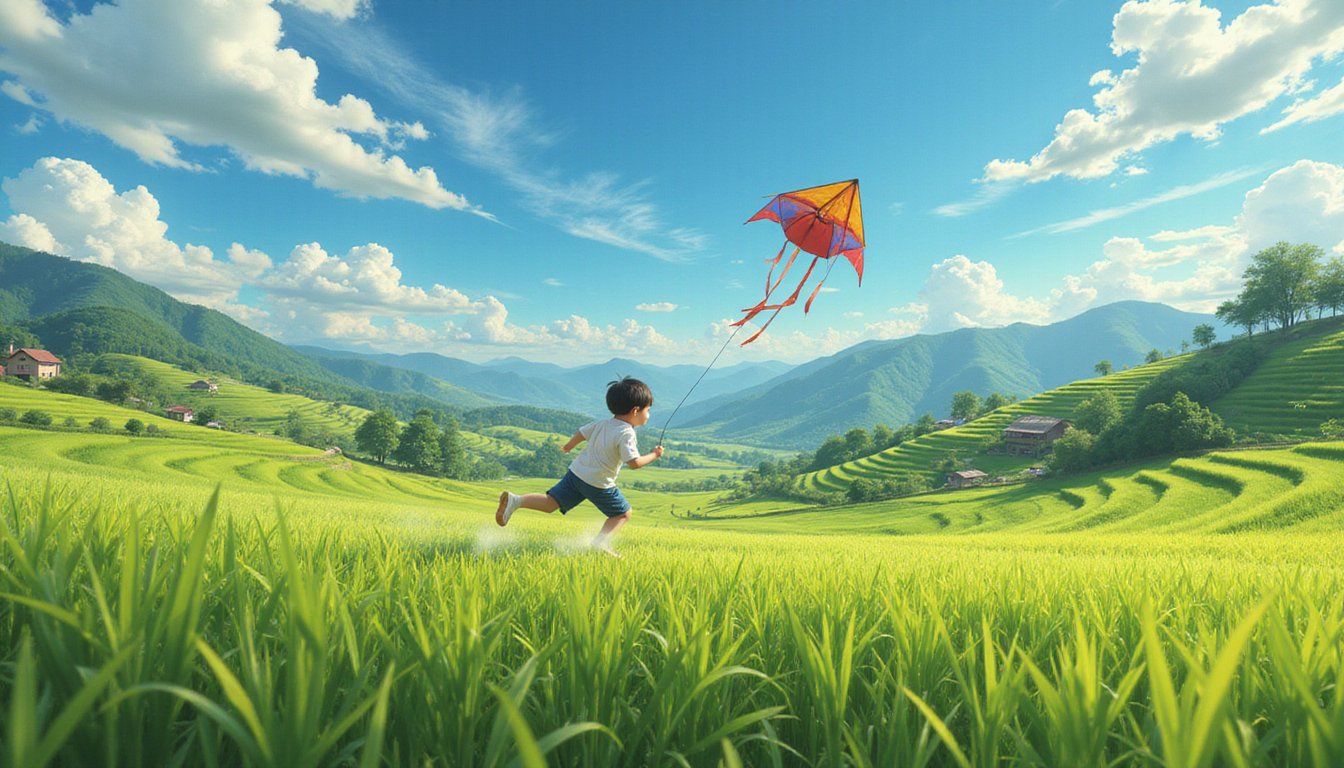 Anime-style fast-paced camera tracking a child running through terraced rice fields chasing a hand-painted paper kite; vibrant midday light, saturated colors, wind rushing through tall grass
