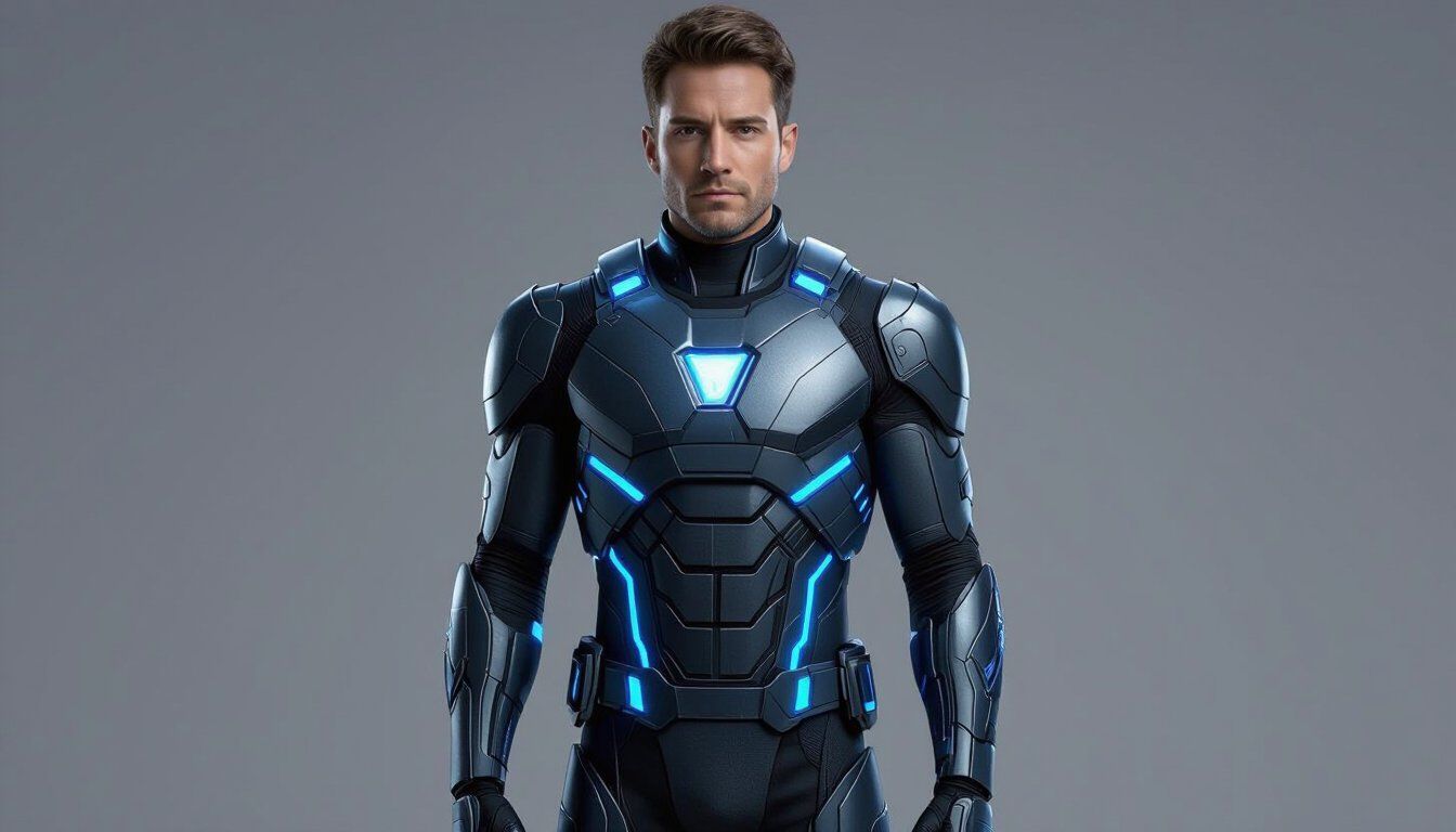Front-facing portrait of a male sci-fi hero in a sleek armored suit with blue accents, standing against a neutral gray background, arms relaxed at sides, no shadows, well-lit, full body visible