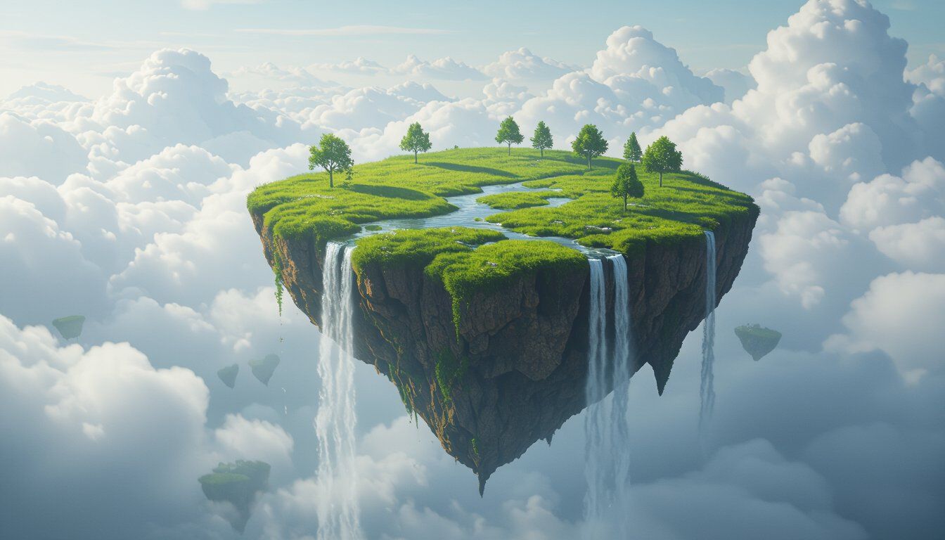 Wide background landscape of a floating island with grassy cliffs, small trees, and waterfalls falling into clouds, top-down lighting, no characters, no foreground elements, high detail for environmental consistency