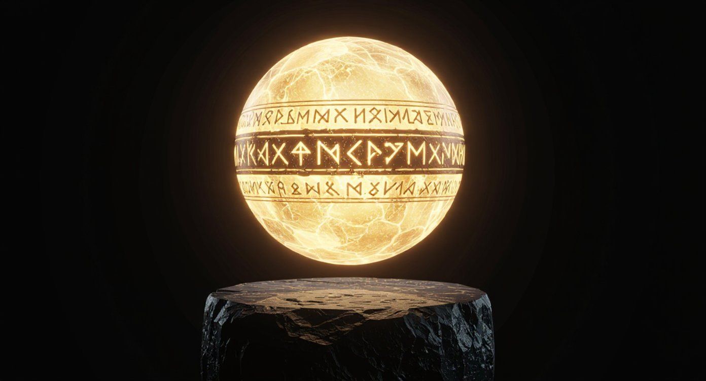 Isolated image of an ancient glowing orb with engraved runes, floating slightly above a dark stone pedestal, centered on plain black background, soft light halo around it, sharp edges and clear textures