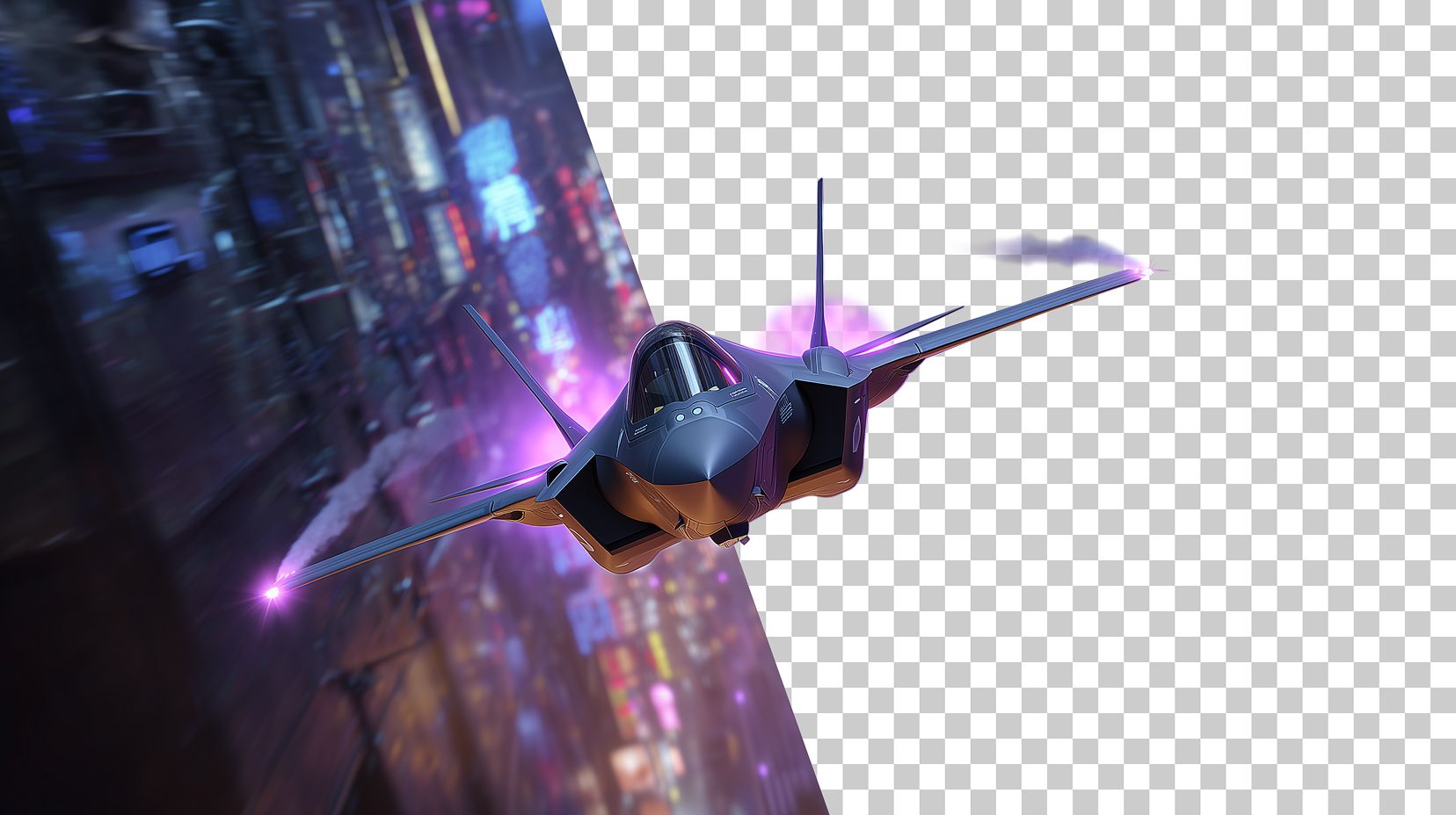 Futuristic stealth jet streaking through a neon-lit cityscape with glowing purple exhaust