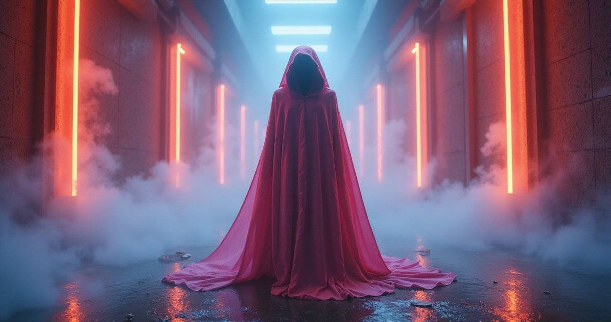 A cloaked figure made entirely of bending light and heat distortion, slightly warping the scene behind them like a heat haze, standing in a neon-lit room filled with mist