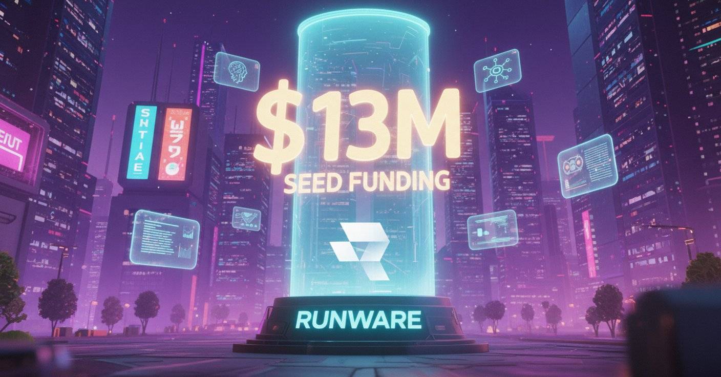 Futuristic city scene with neon lights showing Runware announcement of $13M seed funding in large glowing text with holographic displays floating around