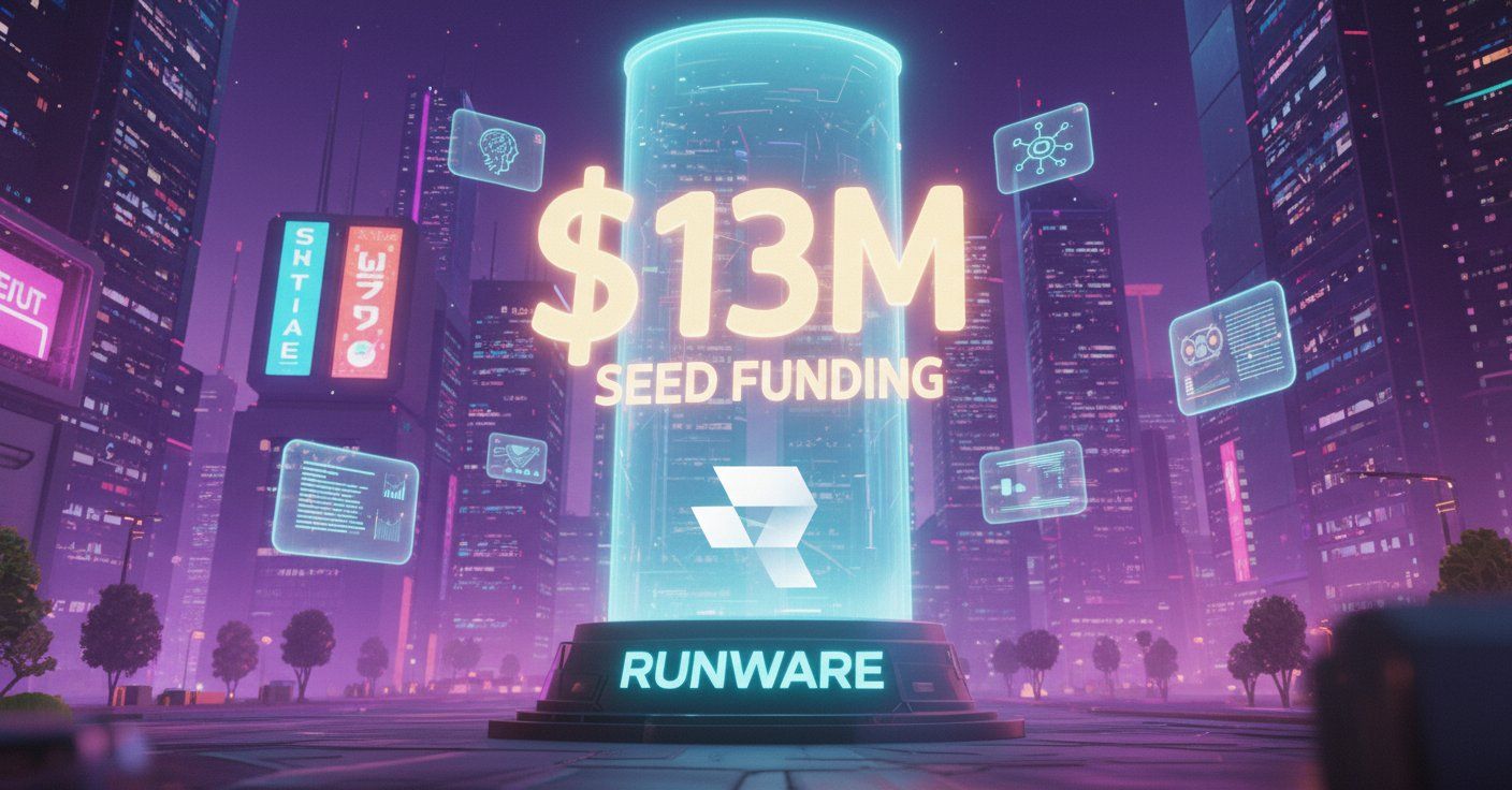Futuristic city scene with neon lights showing Runware announcement of $13M seed funding in large glowing text with holographic displays floating around
