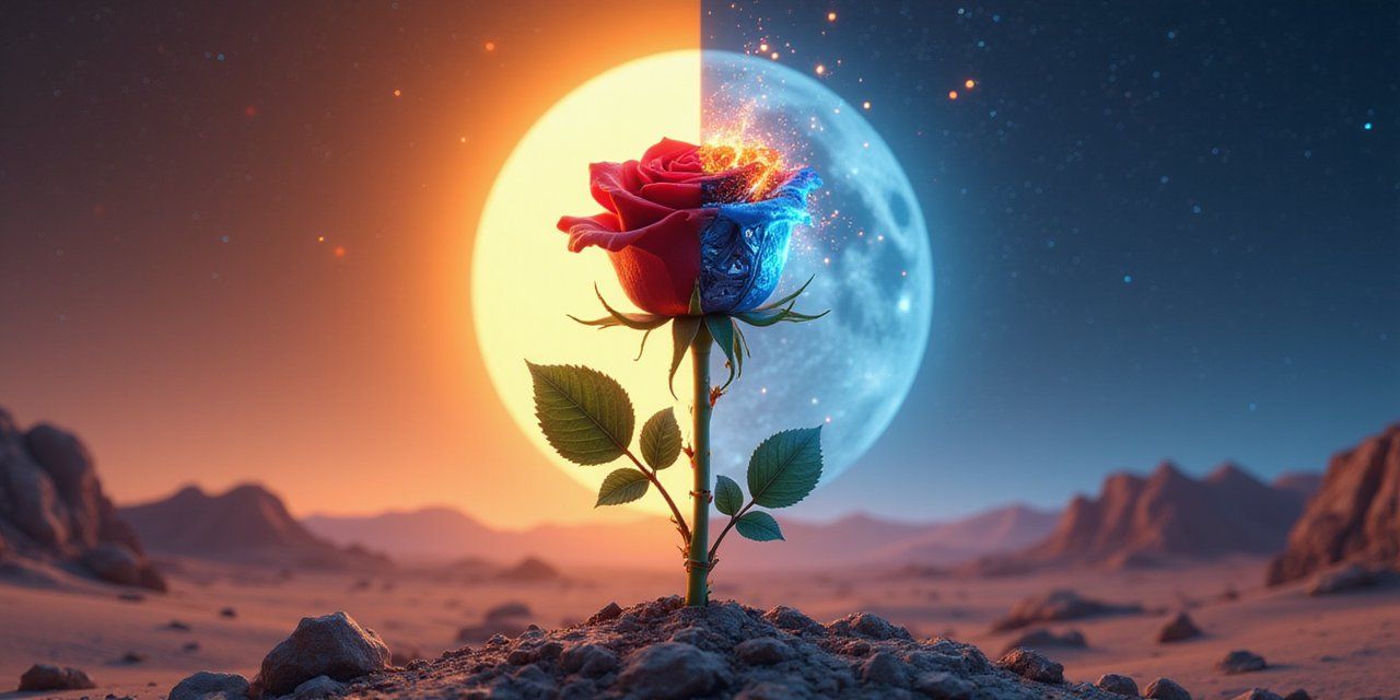 Surreal rose in a desert landscape, split between day and night with the sun and moon aligned behind it
