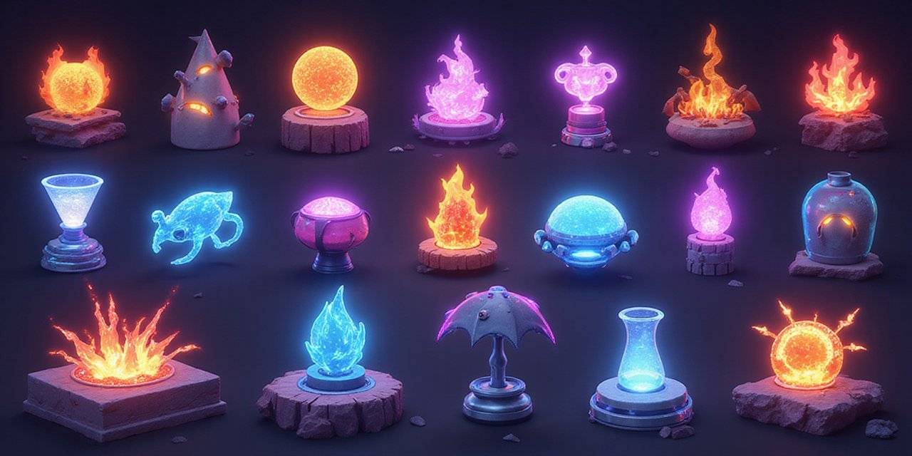 An array of glowing, stylized elemental orbs and flames in various containers and stands, depicted in vivid orange, pink, and blue hues on a dark background