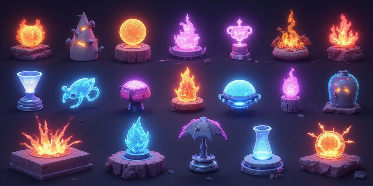 An array of glowing, stylized elemental orbs and flames in various containers and stands, depicted in vivid orange, pink, and blue hues on a dark background