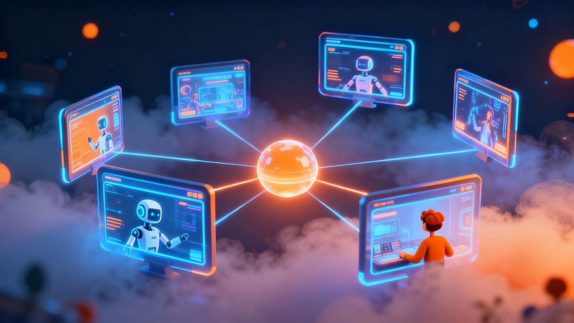 Futuristic network of glowing screens showing robots and a person connected to a central digital sphere amid clouds