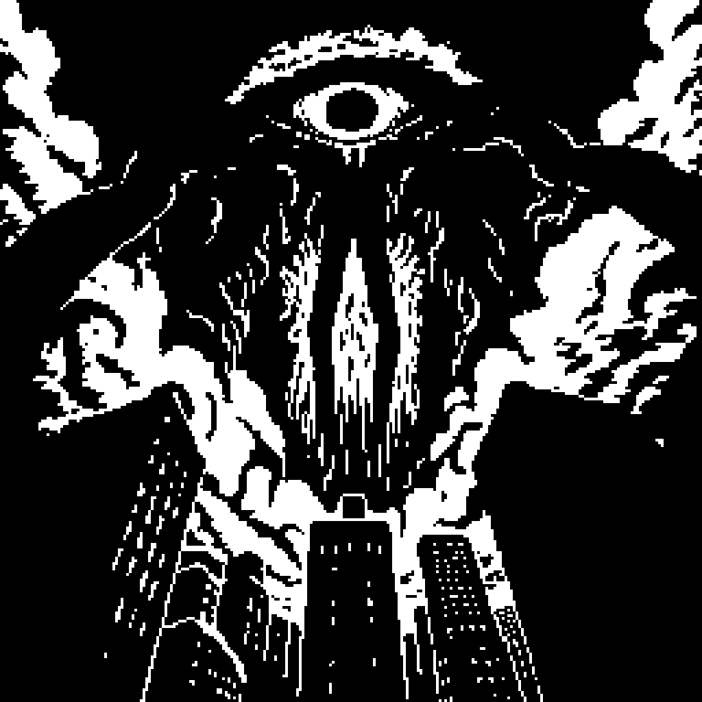 a surreal black and white pixel art depicting a giant eye above skyscrapers with flowing shapes resembling tentacles or smoke