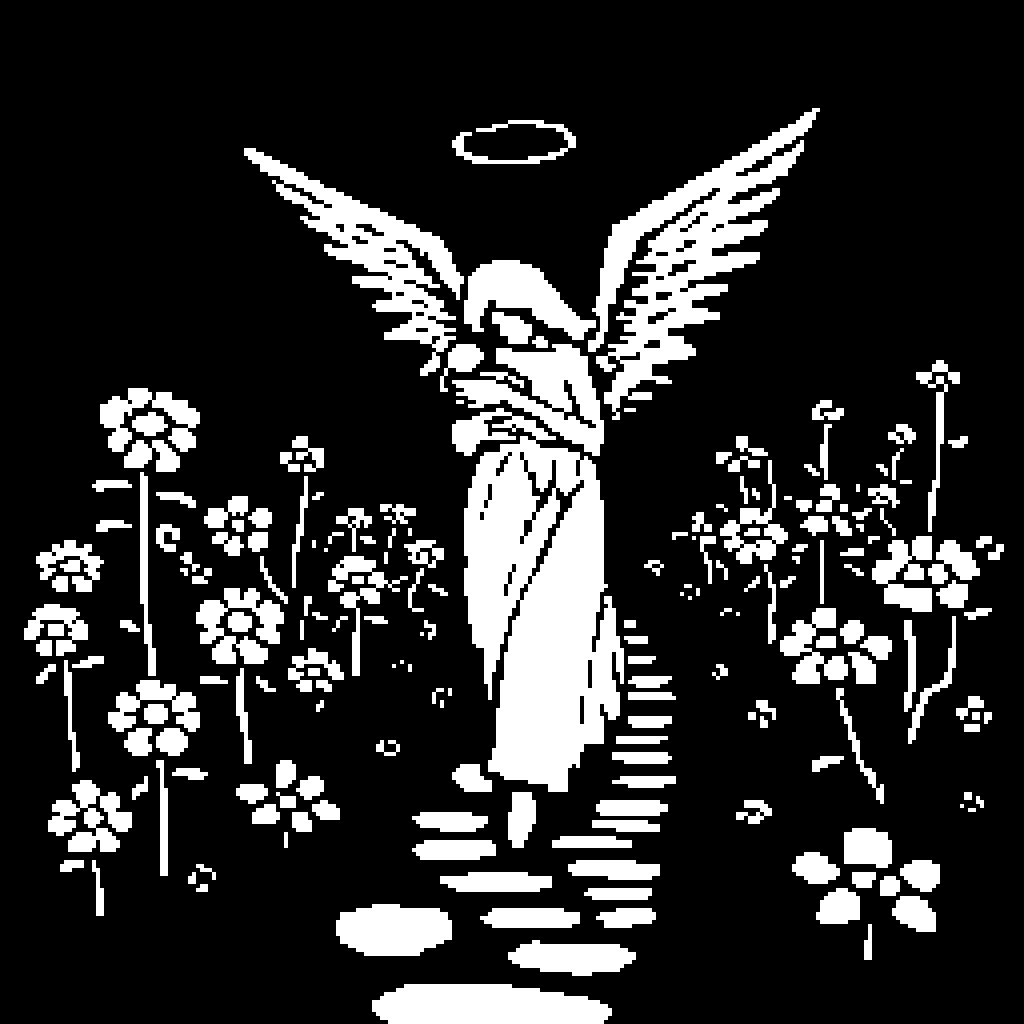 a black and white pixel art of an angel with a halo walking on a stone path surrounded by flowers