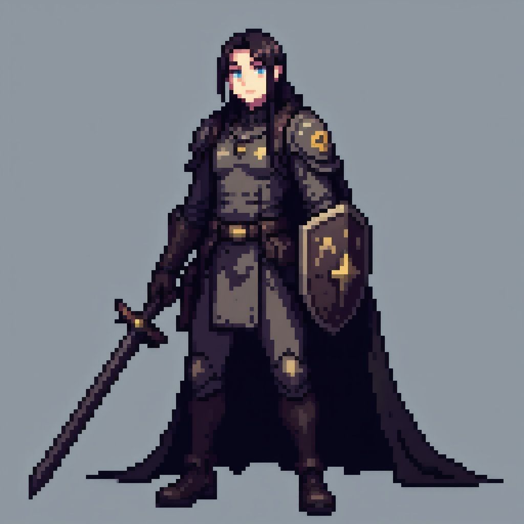 pixel art game asset, knight character, armored warrior, sword and shield, clean lines, vibrant colors, game-ready, professional pixel art style