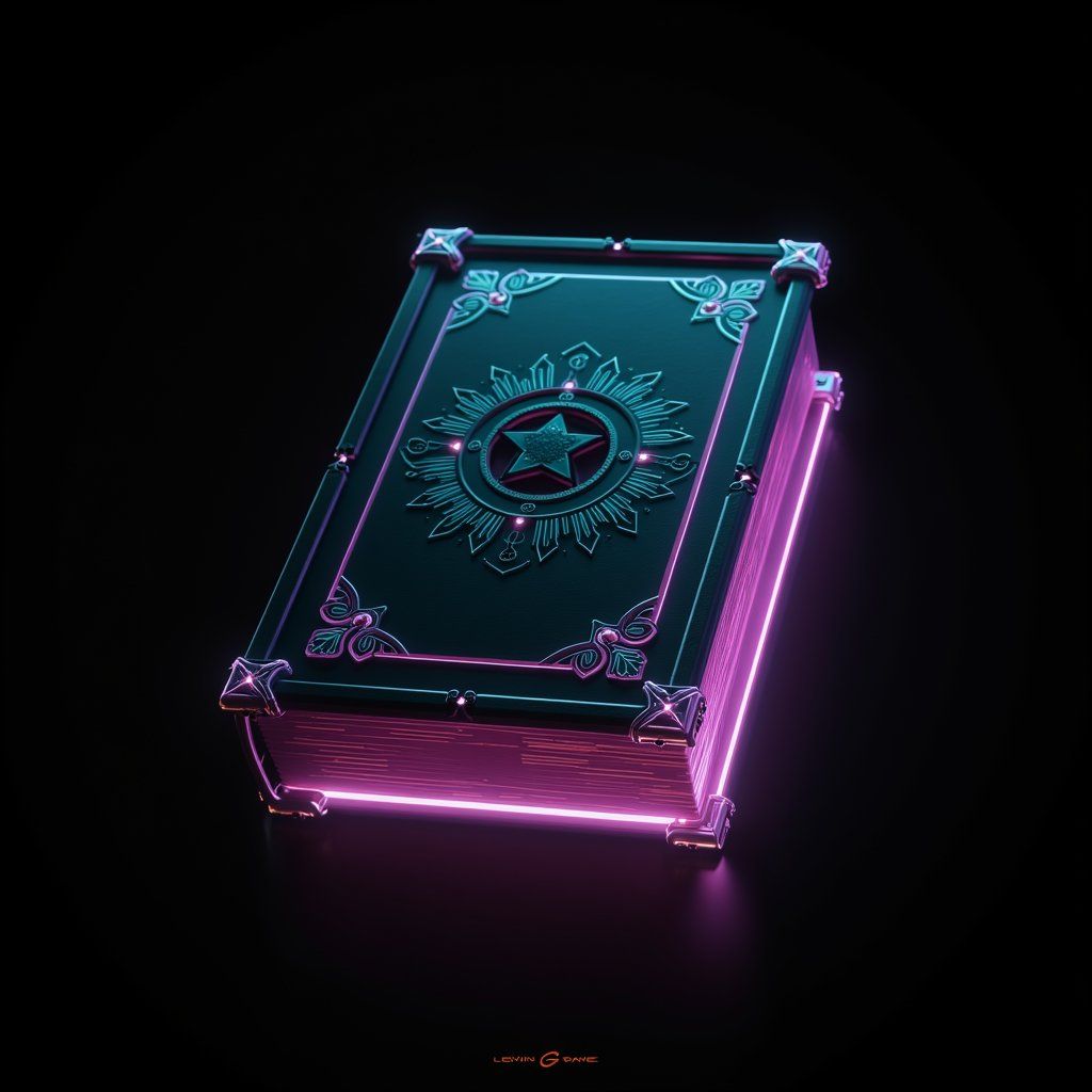 spell book, neon cyberpunk gaming asset, black background