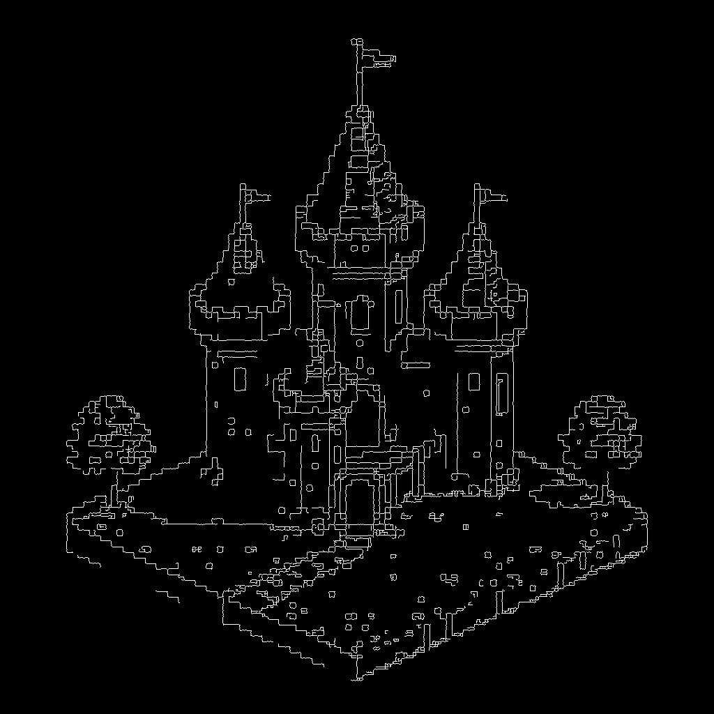 canny image of a castle, isometric tile, gaming asset, pixel art, pixel_art_style, black background