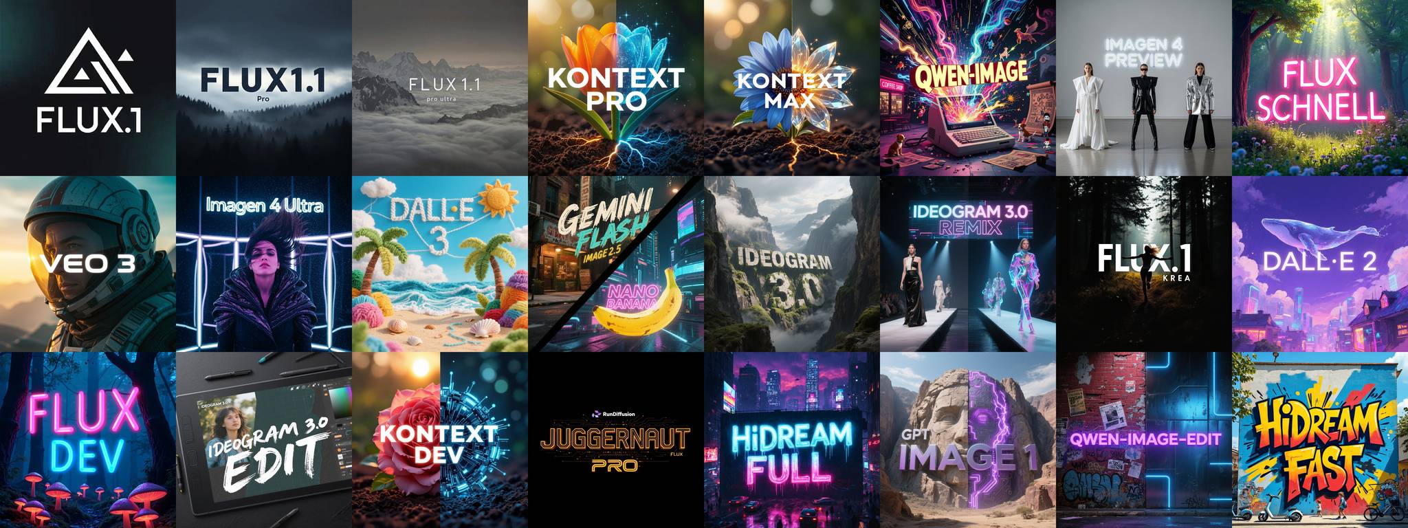 Collage of AI model cards including FLUX, Kontext, Qwen-Image, Imagen, DALL·E, Gemini Flash, Ideogram, Juggernaut, HiDream, and GPT Image.