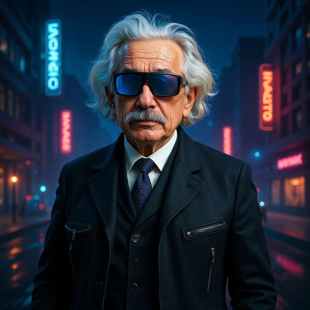 Serious-looking older man in a dark suit and sunglasses standing on a neon-lit city street at night
