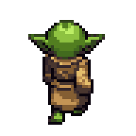 a pixel art animated character resembling a small green alien with pointed ears, wearing a robe