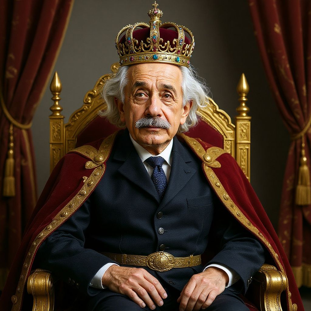 Distinguished older man dressed as a king with a jeweled crown and red velvet cape, seated on a golden throne