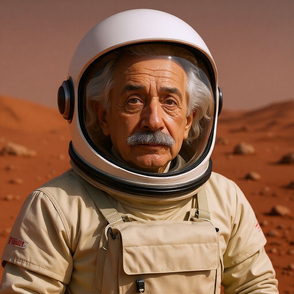 Mature man in a space suit and helmet posing on the surface of Mars with red rocky terrain behind him