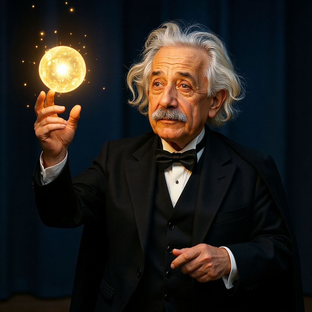 Distinguished elderly man in a tuxedo holding a glowing orb with sparks, set against a dark curtain backdrop