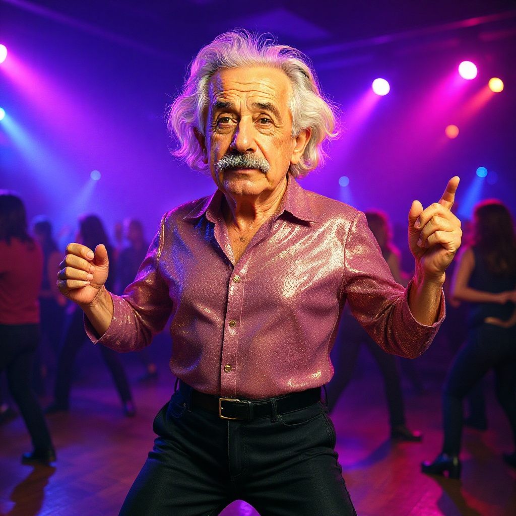 Older man with wild white hair dancing confidently in a shiny pink shirt at a nightclub with colorful lights in the background