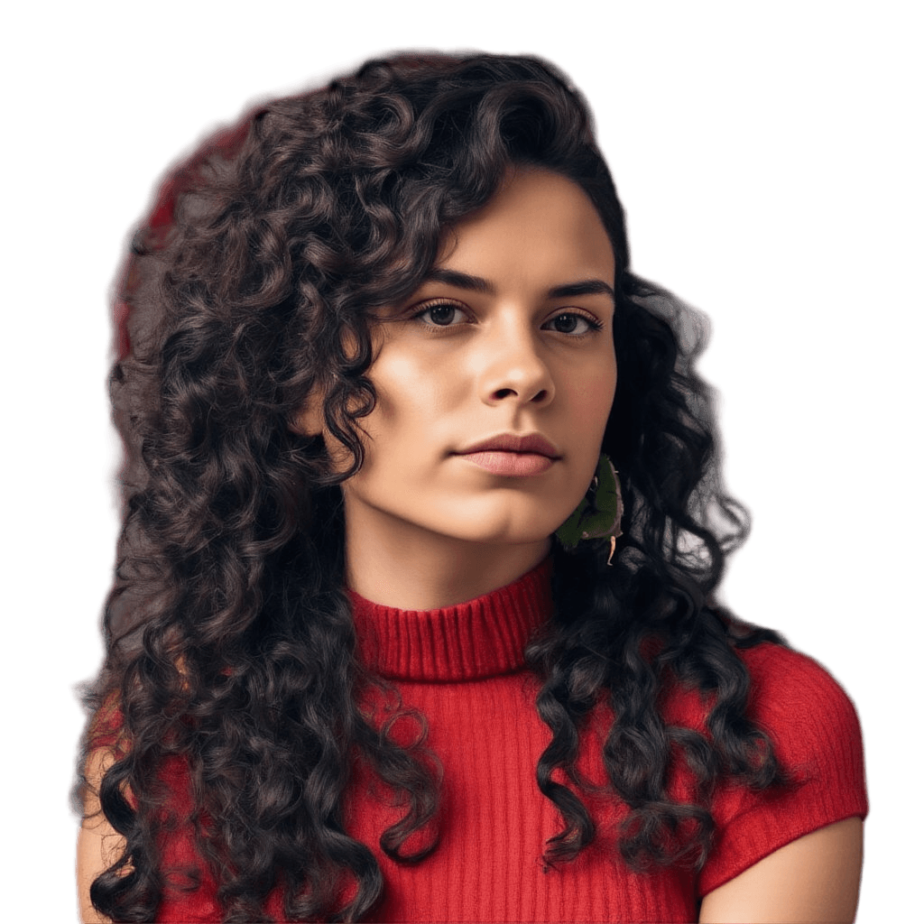 woman with long curly hair blowing in the wind