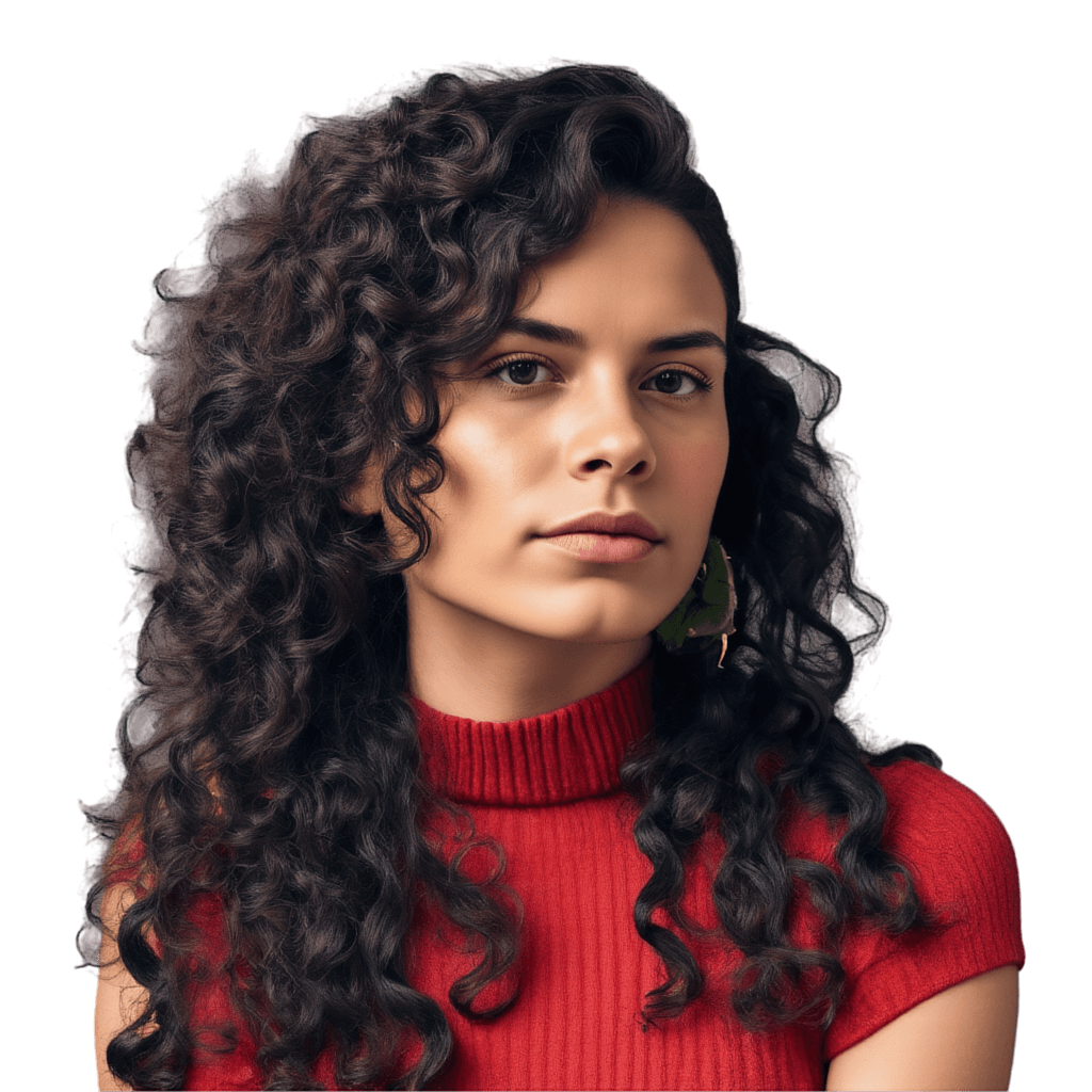 woman with long curly hair blowing in the wind