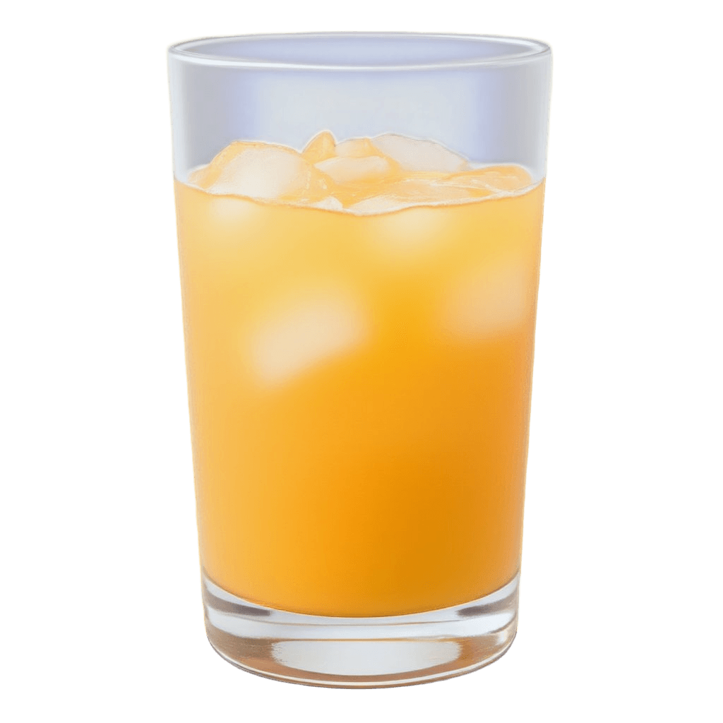 glass of orange juice with ice cubes, transparent glass