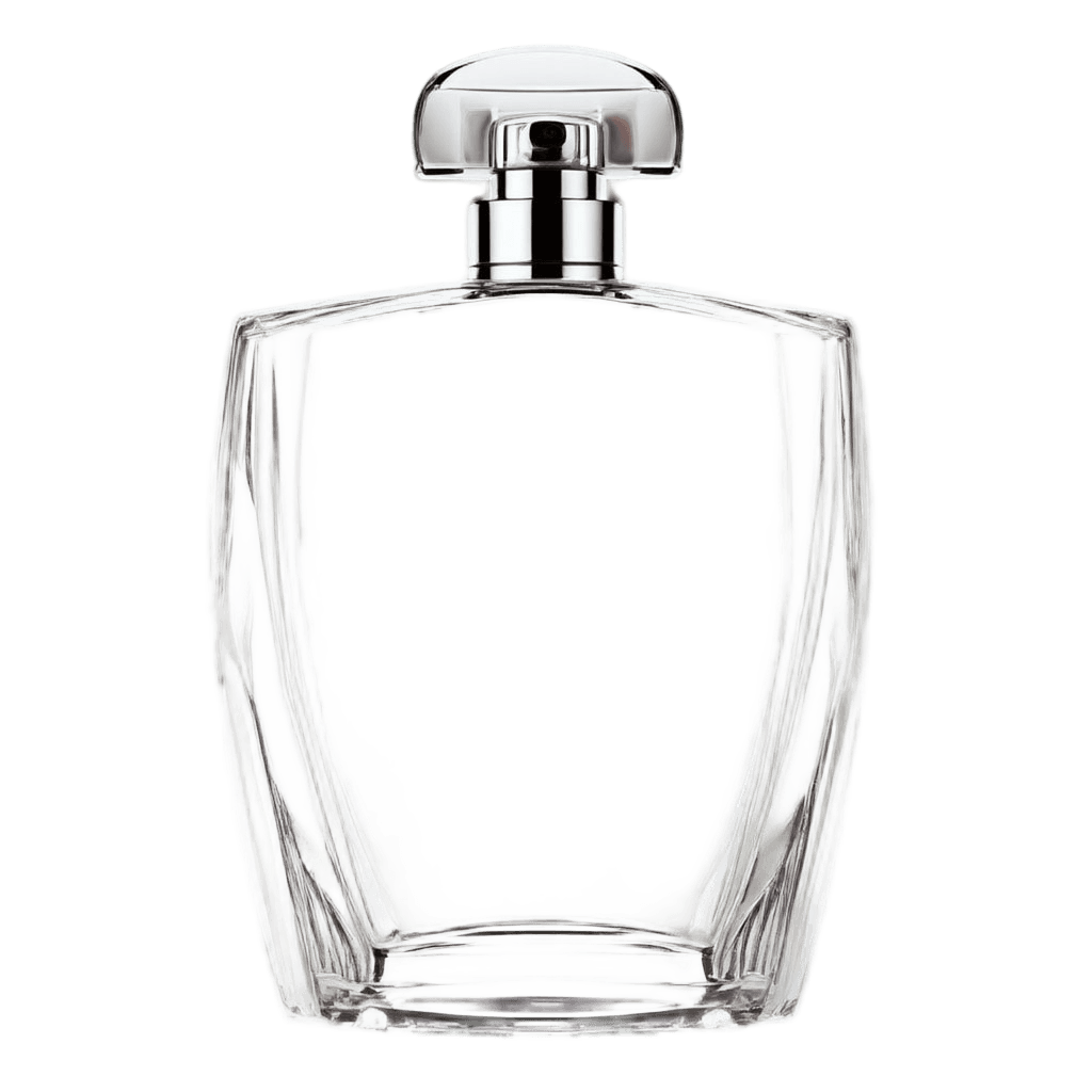 glass perfume bottle with reflections, product photography