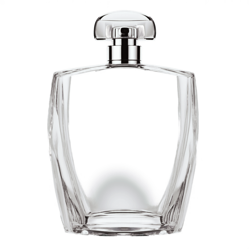 glass perfume bottle with reflections, product photography