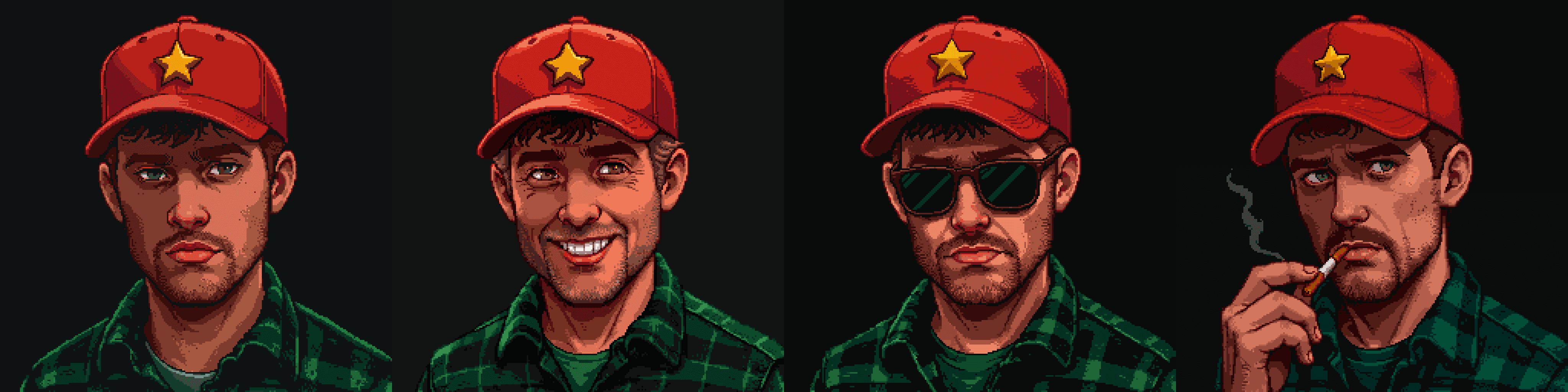 a set of four pixel art portraits of a man wearing a red cap with a star, showing different facial expressions and accessories: neutral, smiling, wearing sunglasses, and smoking a cigarette