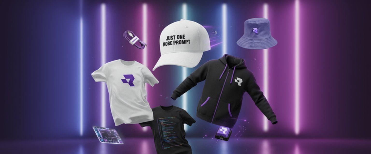 Runware swag collection with floating merchandise including t-shirts, hoodie, cap with text 'Just one more prompt', bucket hat, cable, and accessories against a neon light background.