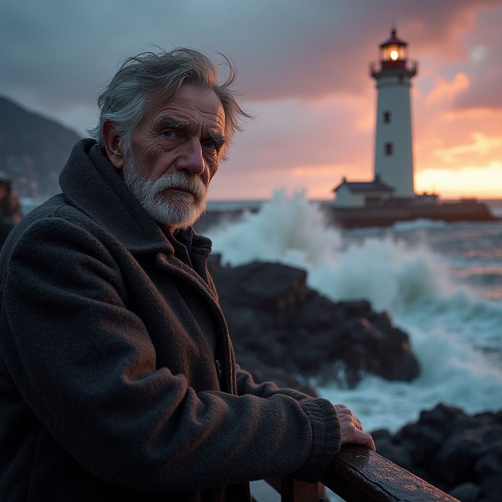 A rugged old man in a heavy wool coat stands against a raging sea, his weathered hands gripping the rail of a storm-battered lighthouse. Waves crash violently against the rocky shore, and the sky is painted in deep purples and oranges as the sun sets behind rolling clouds. His eyes tell a story of solitude, resilience, and untold tales
