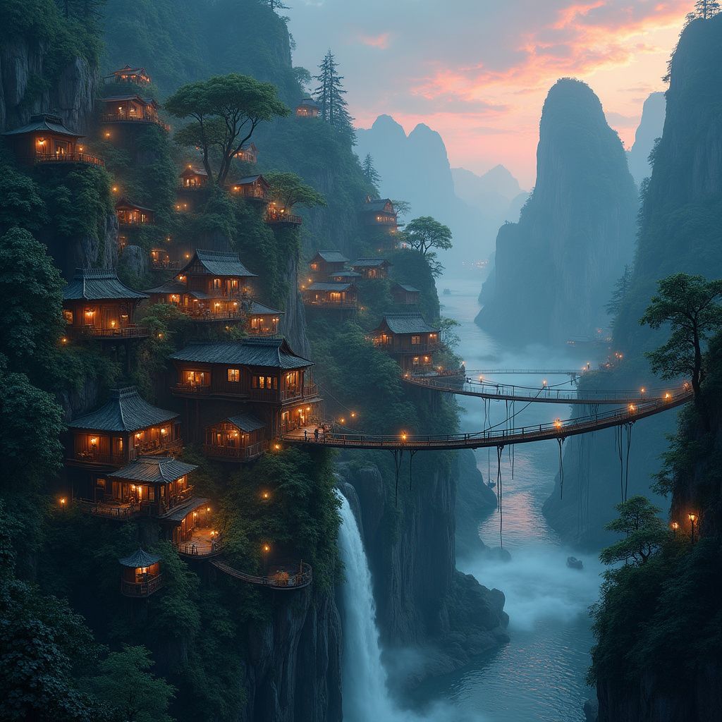 A network of wooden homes, bridges, and terraces clings to the edges of towering cliffs, connected by hanging rope bridges and glowing lanterns. Lush vines and waterfalls spill down the rock faces, and small boats navigate the misty river far below. The sky is painted in hues of twilight, making the village feel both precarious and enchanting