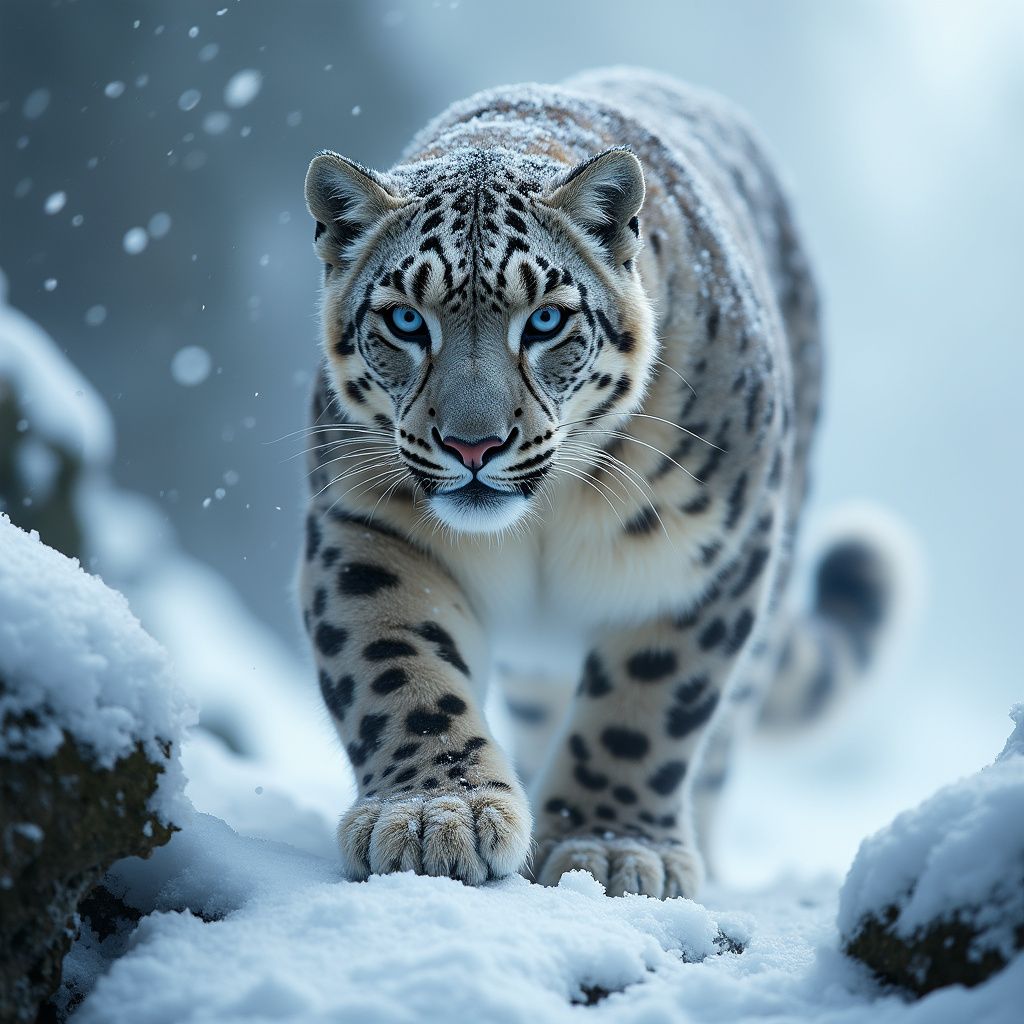 A majestic snow leopard prowls across an icy ridge, its thick fur blending with the frost-covered landscape. Snowflakes cling to its whiskers, and its piercing blue eyes lock onto something in the distance. The scene is both fierce and elegant, capturing the untamed beauty of the wild