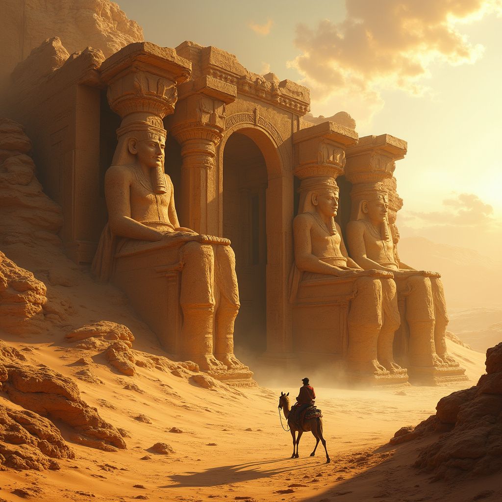 A breathtaking ancient temple half-buried in golden dunes, its intricate stone carvings eroded by time. The entrance is flanked by towering statues of forgotten deities, their faces worn smooth by the wind. A lone traveler on camelback approaches the ruins, while the heat of the sun distorts the air, creating shimmering mirages in the distance