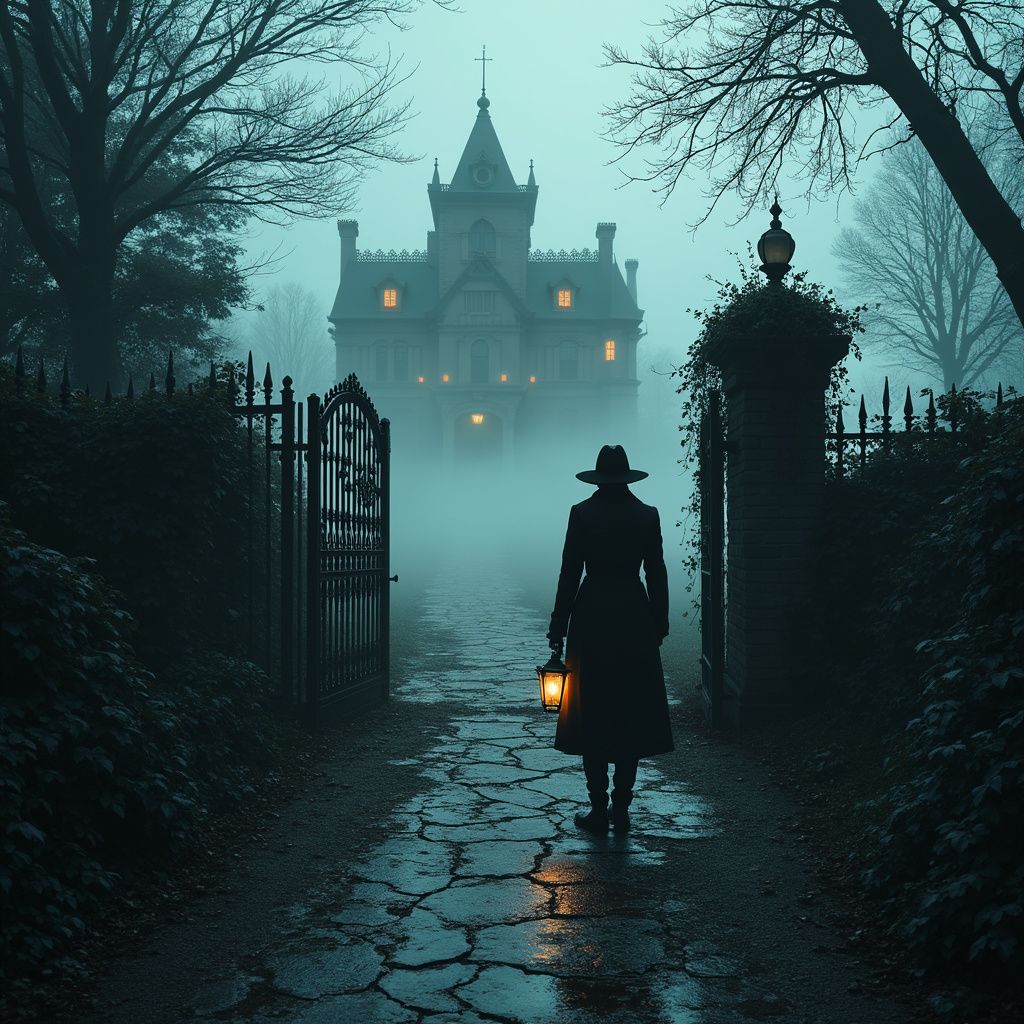 A grand Victorian mansion looms in the background, its windows glowing faintly against the swirling fog. A lone figure in a long coat and wide-brimmed hat stands at the iron gate, gripping a lantern. The pathway leading up is cracked, with overgrown ivy and hidden shadows lurking beneath the trees. The book title is elegantly placed in an old-world serif font, enhancing the eerie atmosphere