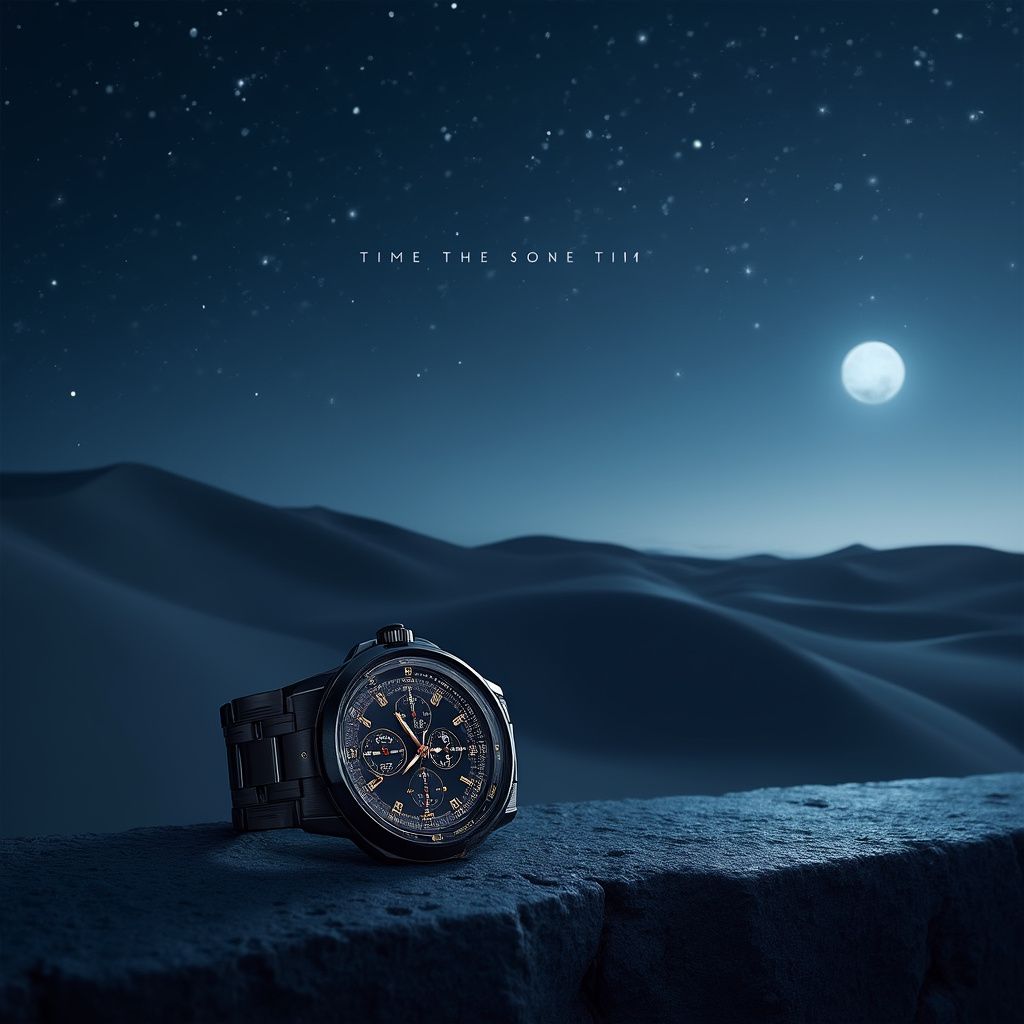 A sleek, high-end watch rests on a stone ledge under a vast, star-filled sky. The background showcases rolling dunes bathed in cool moonlight, while the watch's face glows subtly, reflecting the constellations. The tagline, 'Time, Beyond Boundaries,' appears elegantly above