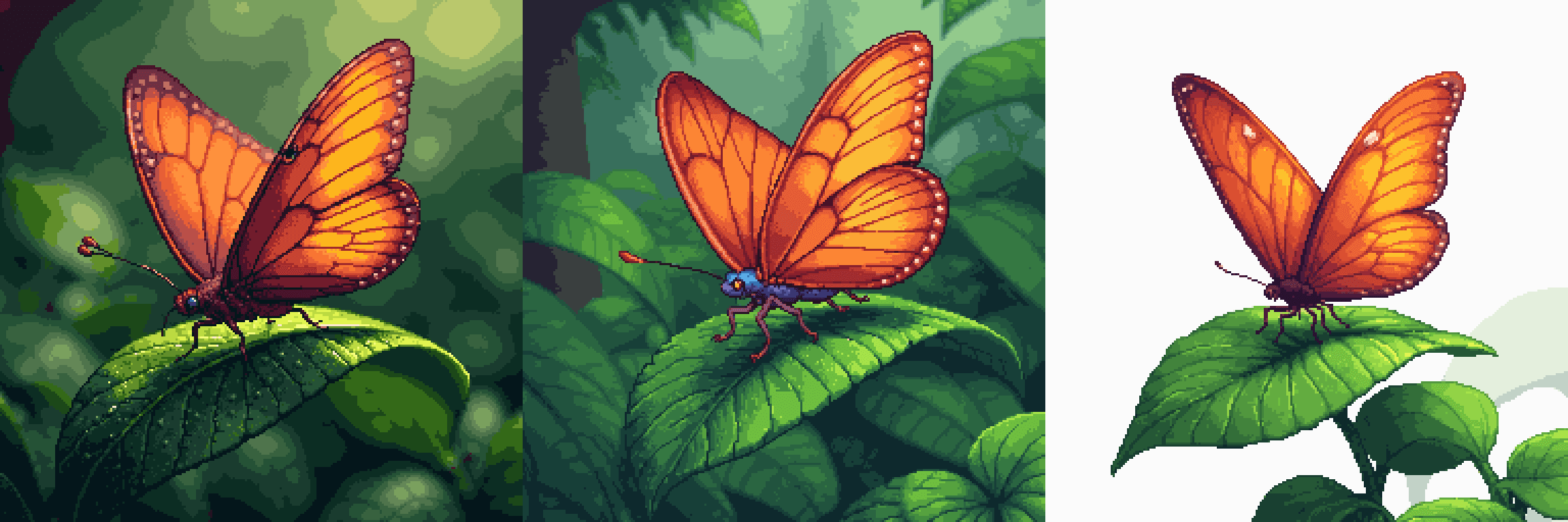 a comparison of three pixel art butterflies, showcasing variations in color and lighting while perched on a leaf