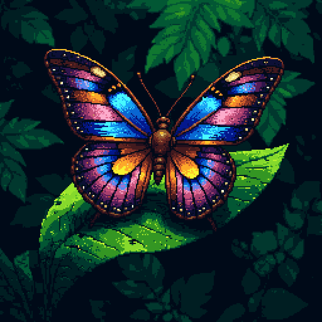 a vibrant pixel art butterfly with colorful wings resting on a leaf against a lush, leafy background
