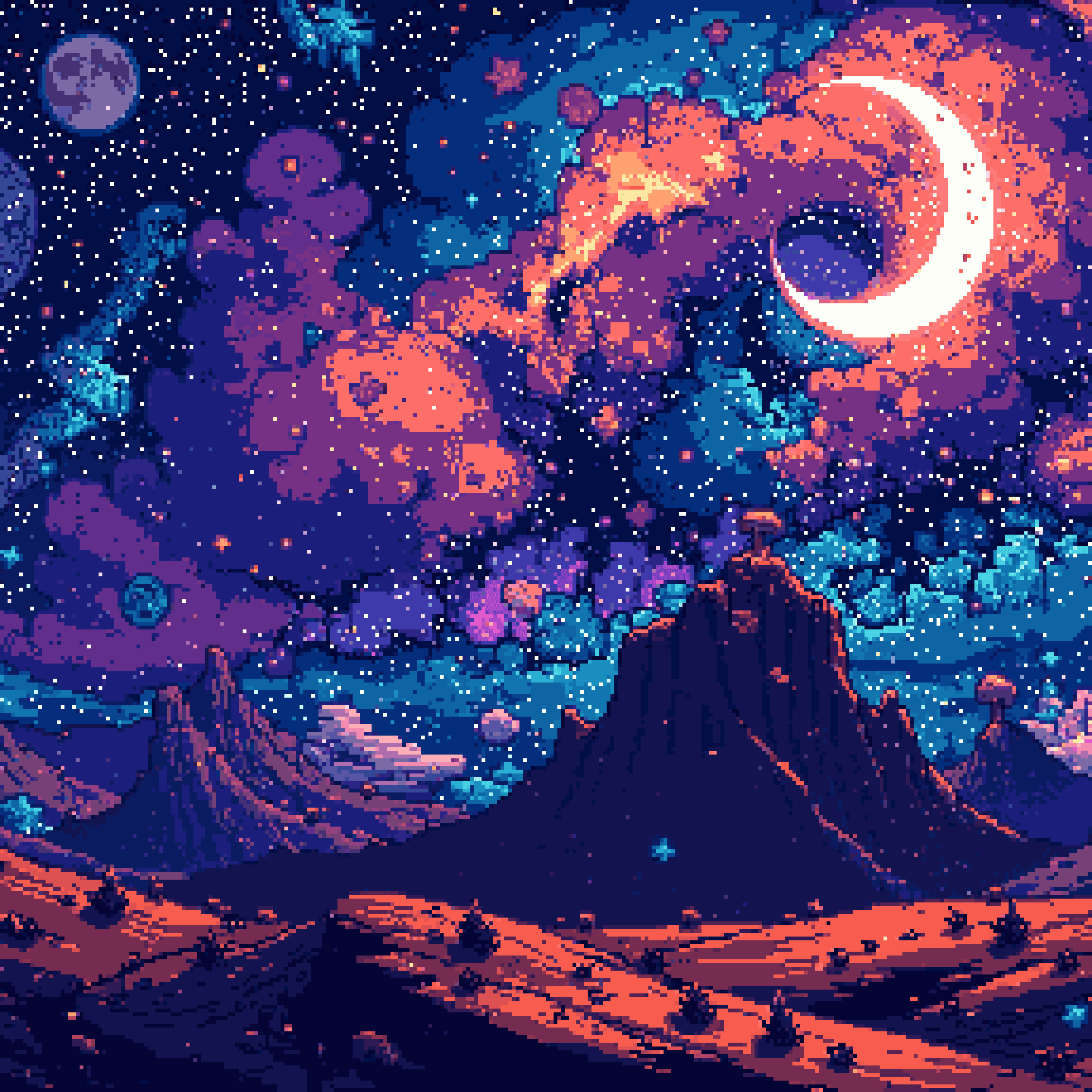 a pixel art night sky with a crescent moon, colorful nebula clouds, and a mountainous landscape