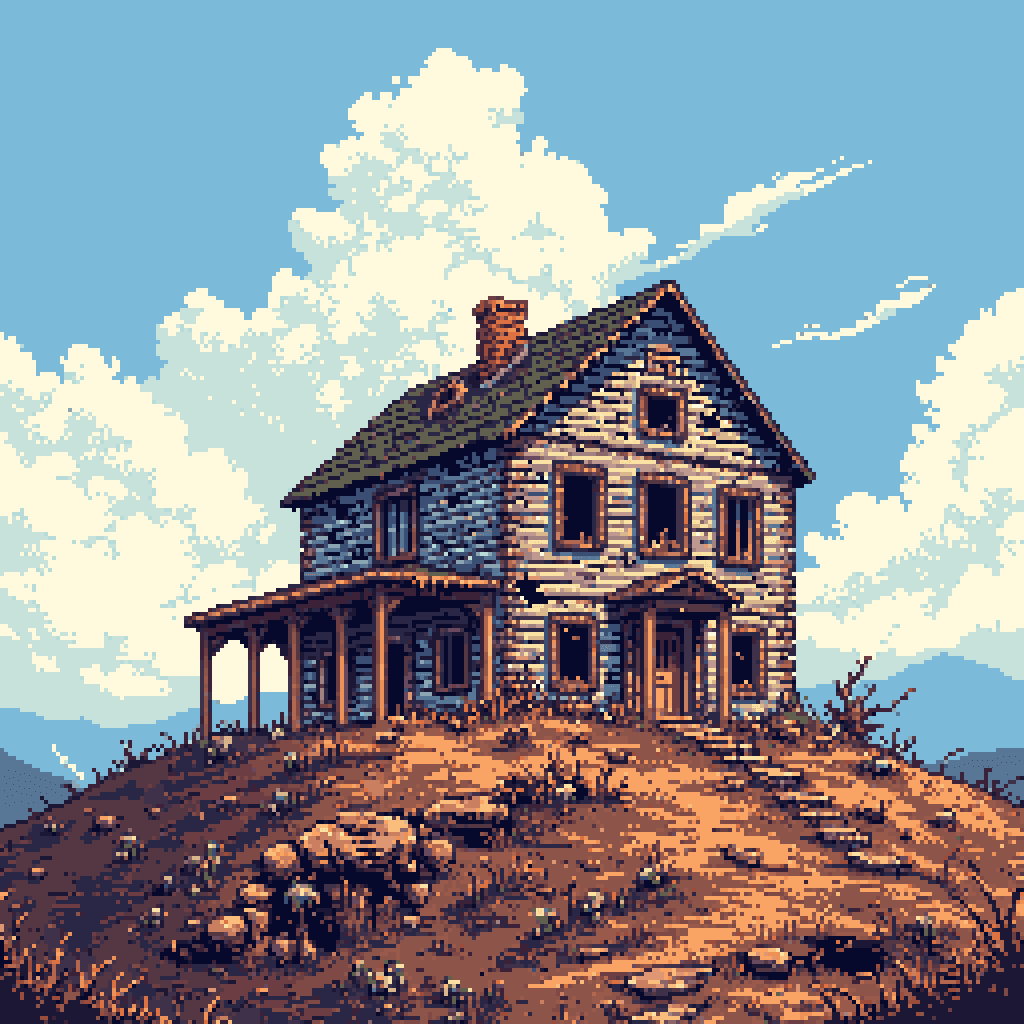 a rustic, abandoned house on a hill, drawn in pixel art with a clear blue sky and fluffy clouds