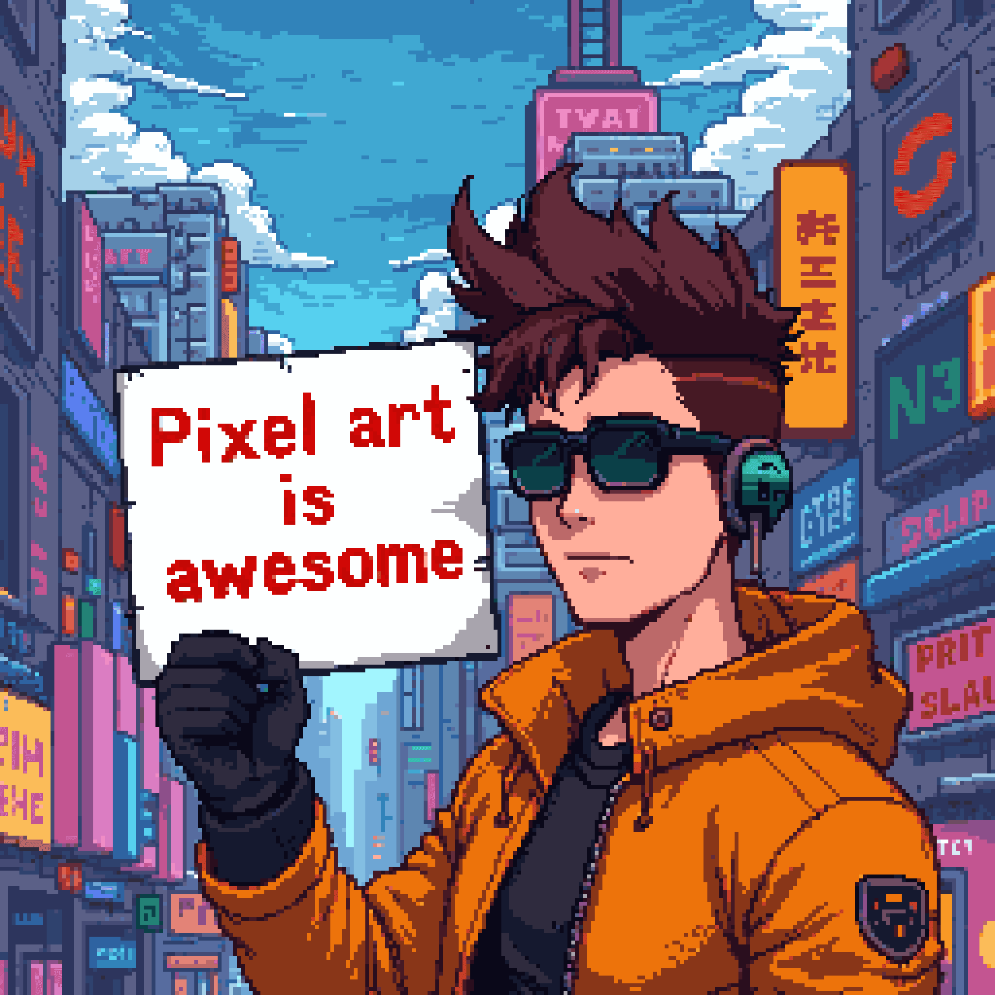 a stylish pixel art character holding a sign that says 'Pixel art is awesome' in a futuristic cityscape