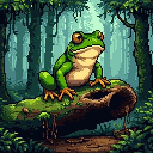 a pixel art frog sitting on a mossy log in a dense, misty forest