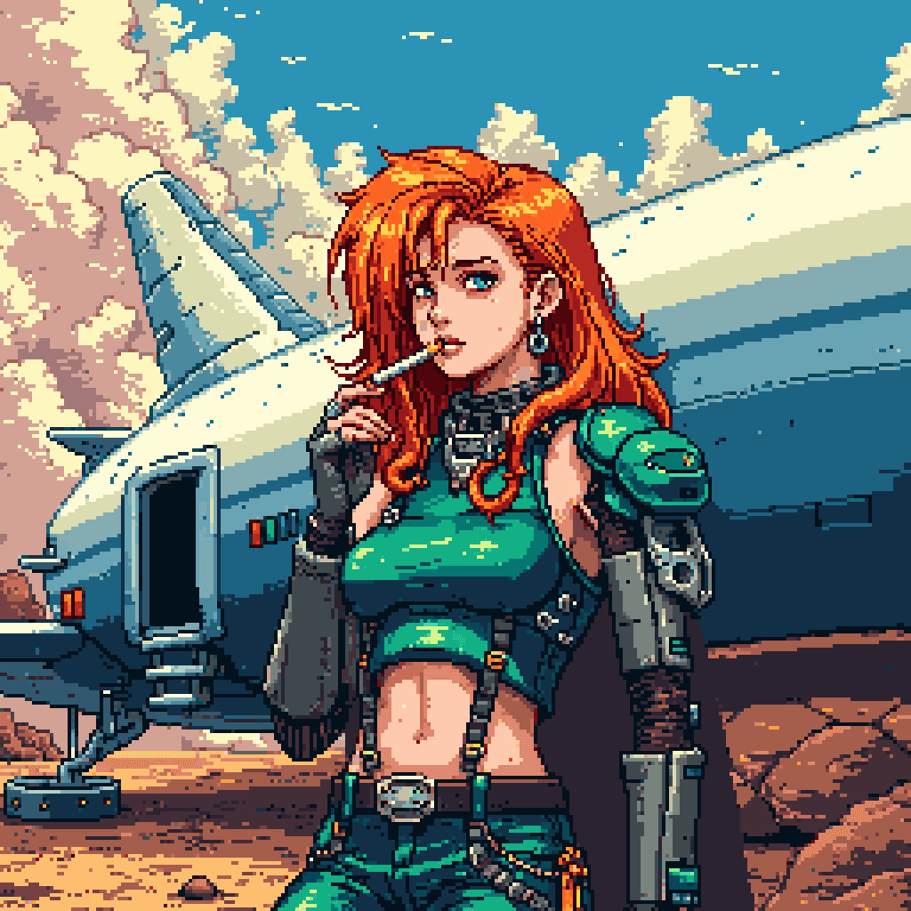 a pixel art character with cyberpunk aesthetics, standing in front of a spaceship in a desert environment