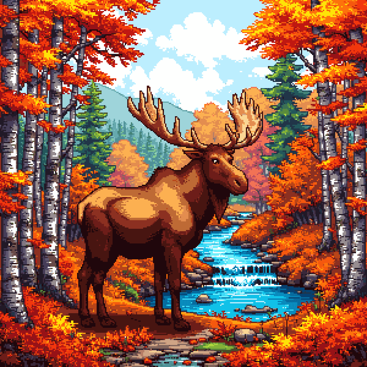 a majestic moose standing by a river in a forest during autumn, created in pixel art