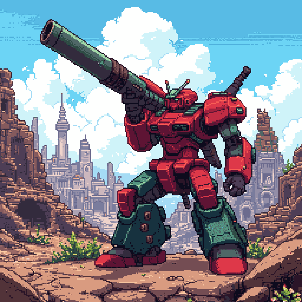 a giant pixel art robot in a post-apocalyptic cityscape, holding a massive weapon
