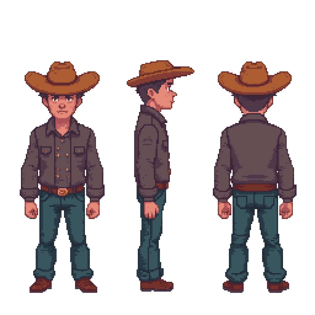 a pixel art cowboy character shown from front, side, and back views, wearing a hat and western attire
