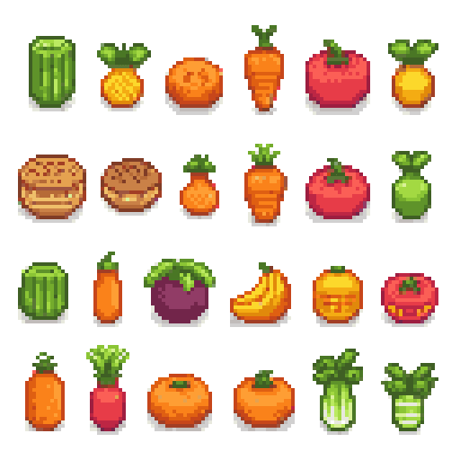 a pixel art collection of colorful fruits and vegetables, presented as small, vibrant icons