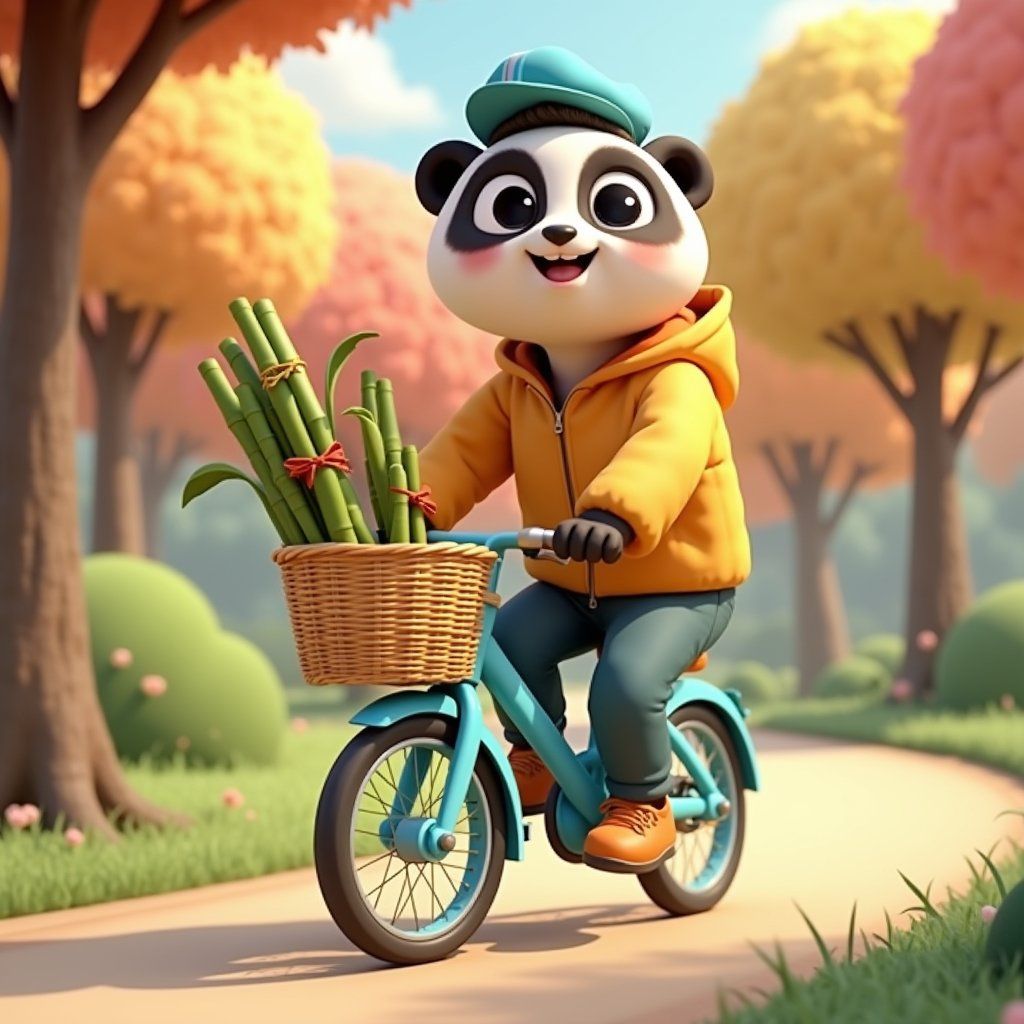 Anthropomorphic panda character riding a bike through a bright forest path, wearing a yellow hoodie and carrying bamboo in a basket with a red bow