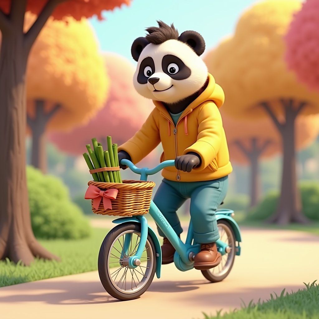 Anthropomorphic panda character riding a bike through a bright forest path, wearing a yellow hoodie and carrying bamboo in a basket with a red bow
